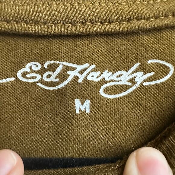 Ed Hardy Love Kills Slowly Brown Crop Top Medium Skull Crossbones Heart Graphic - Picture 3 of 5